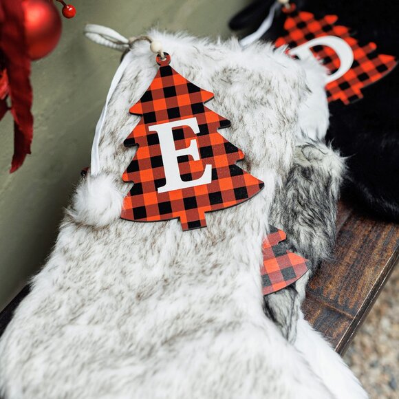 Long Faux Fur Christmas Stocking Woft - Personalized with Cutout Wood Name Tag - Picture 3 of 7
